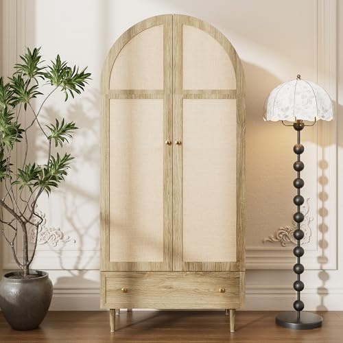 KecDuey Kleiderschrank mit Schubladen, Kinderzimmerschrank,Holztüren mit Leinenstoff-Bezug, großer Stauraum, Garderobenschrank für Schlafzimmer, Moderne Aufbewahrungslösung (Hellbraun)