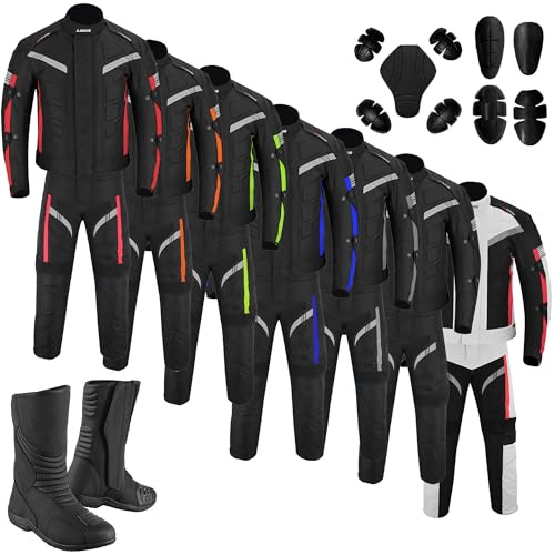 Mens Motorbike 2 Piece Suit – Cordura Motorbike Jacket and Trousers with CE Armoured Protection, with leather Long boots Waterproof Riding Gear for Men & Boys