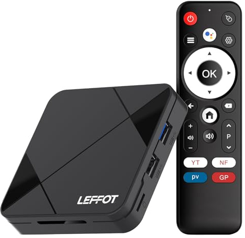 Android 14 TV Box 2025, 2GB de RAM + 16GB de ROM, LEFFOT RK3518 4K Ultra HD Android TV Streaming Box, Smart TVBox con Control de Voz, WiFi 6 BT 5.4 USB 3.0, HDR10, 100M Ethernet, RK3518 Quad-Core A53