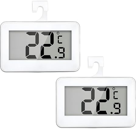 2 PCS Freezer Thermometer Monitor, Digital Fridge Accuracy Refrigerator Monitor Fridge Accessories With Hanging Hook Basement LCD Easy Battery Replacement for Kitchen Basement Living Room (White)