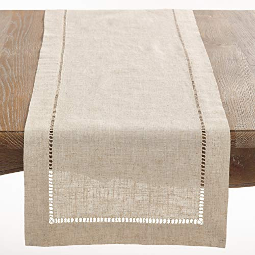 Saro Lifestyle Poly and Linen Blend Hemstitched Table Runner with Hemstitch Border, 18x108, Natural