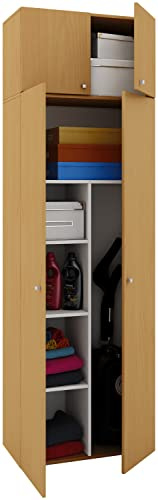Besenschrank | 6 Fächer | Maße B. 70 x H. 238 x T. 40 cm | Haushaltsschrank | Mehrzweckschrank | Aufsatz mit Zwei Türen - Vandol