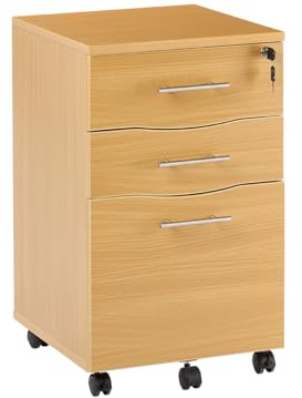 MMT Furniture Ltd IV05 Mobiler Schrank mit 3 Schubladen – abschließbarer Büroschrank – Rollschrank – flach verpackt – Schubladenschrank Buche – (42W x 44D x 68H cm)