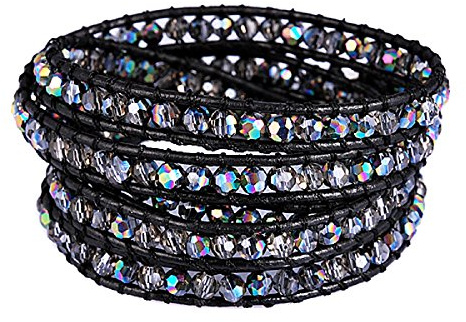 NewZenro Genuine Leather Bracelet Multi Colors Crystal Beads Wrap Bracelets for Women Fashion Trendy Jewelry (5 Wraps, Facet AB Rhinestone)