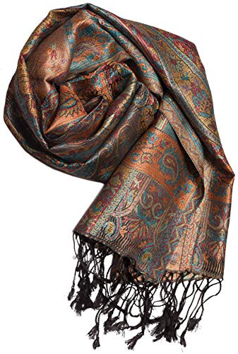 Foulard en 100% soie Pashmina de l'Inde pour femmes et hommes, motif cachemire, 160 x 35 cm - écharpe en soie pure, Bleu 2