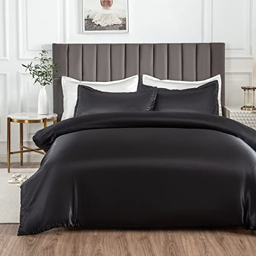 Morbuy Silk Satin Double Duvet Cover with 2 Pillowcases, Black Bedding Set Easy Care Duvet Cover Set with Zipper Closure - Luxury Ultra Soft Quilt Cover 3 Piece - 200x200cm