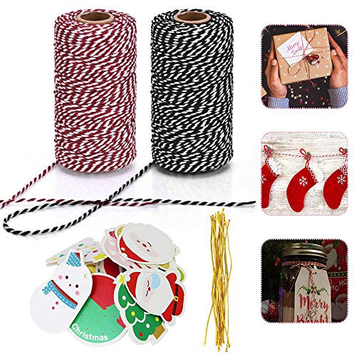 DECARETA 200M Spago Natalizio Cordoncino Natalizio Rosso Bianco/Bianco Nero Decorativo Spago in Cotone con 14 Pezzi Biglietto di Auguri per Artigianato, Confezioni Regalo