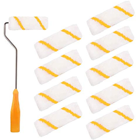 Aweisile Farbwalze 10cm 10 Stück Farbroller Set colorus lackwalze Gelbfaden Malerwalze mit 1 Lackierroller Bügel 30cm Farbrolle Pinsel Farbrollen für Wandfarbe für Fassadenfarben Gebäudedekoration