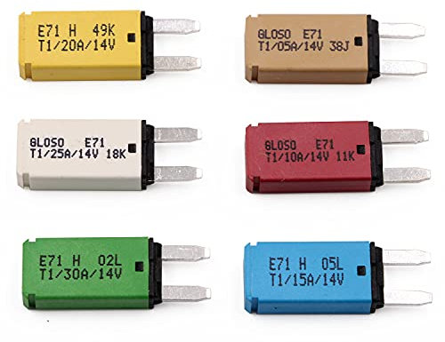 Gloaso 12V DC Auto Reset Mini Circuit Breakers Fuse Low Profile ATM 5A 10A 15A 20A 25A 30A Blade Resettable Fuses Kit E71 for Car Automotive Solar Marine, 6pcs Pack