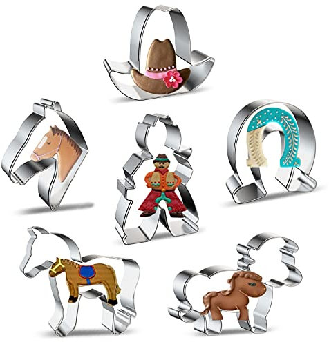 Pferd Cowboy Ausstechformen Formen Backen Set, 6 Stück Edelstahl Metallform mit Pferd, Pony, Pferdekopf, Hufeisen, Cowboy, Cowboyhut Keksausstecher für Kekse, Gebäck, Fondant, Lebkuchenkuchen
