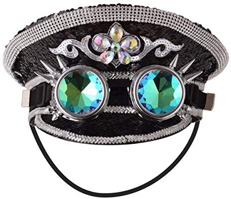 Unisex Pailletten Militär Kapitän Hüte mit Brille Steampunk Zylinder Hut Festival Halloween Cosplay Kostüm Caps (Schwarz)