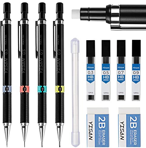 YISAN 4 Stück Druckbleistifte Set,Mechanische Bleistifte HB 0,3 & 0,5 & 0,7 & 0,9 mm,Büro Zubehör für Schule Schreiben,Zeichnen,Skizzieren,70719
