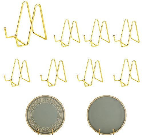 YAYODS 8PCS Plate Holder Easel Display Stand, 4 Inch Metal Plate Stands for Display, Gold Book Stands for Photo, Picture, Decorative Plates, Tabletop Art