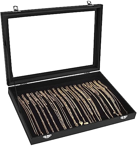 Bivisen Necklace Organizer Box with Clear Lid Velvet Tray for Jewelry Storage Display Case, 20 Hooks Glass Top Drawer Insert Necklaces Pendants Dustproof Necklace Jewelry Box Organizer & Tray (Black)