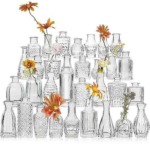 Glass Bud Vase Set of 32 Pcs, Small Glass Vases for Flowers, Clear Bud Vases in Bulk, Vintage Vases for Wedding Centerpieces, Wedding Decorations, Home Table Flower Decor