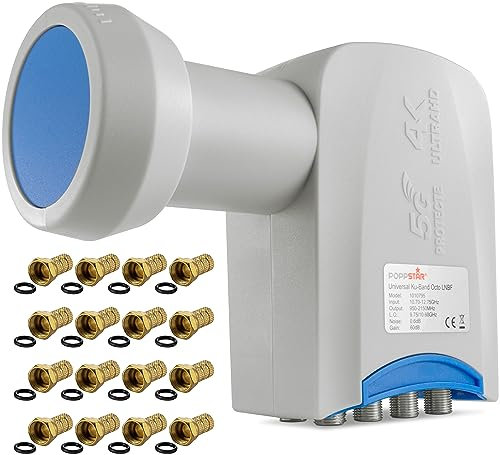 Poppstar Juego de 1x Octo LNB 8 Salidas y 16x Conector F con Junta de Goma hermética para Antena parabolica (4K UHD, Full HD, 3D TV)