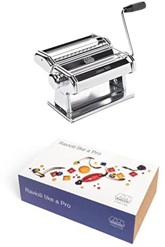 Pasta- und Raviolivorbereitungssatz, Atlas 180 Nudelmaschine + Stempel für 24 quadratische Ravioli mit 35 mm + Nudelholz + Runder Stempel + Ovaler Stempel + Geschirrtuch + Kochbuch.