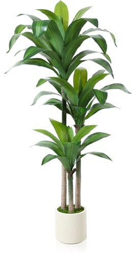 OAKRED Artificial Dracaena Tree 5ft, Tall Fake Dracaena Plants with White Planter, Faux Dragon Tree Indoor Floor Plant for Home Decor Office Living Room Porch Housewarming, 1Pcs