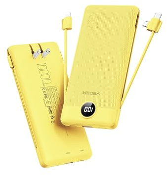 VEGER Portable Charger with Built-in AC Plug and Cables, All in One 10000mAh Ultra Slim Power Bank Travel Essentials, 15W Fast Charging Battery Pack Compatible with iPhone, Samsung, Android (Yellow)