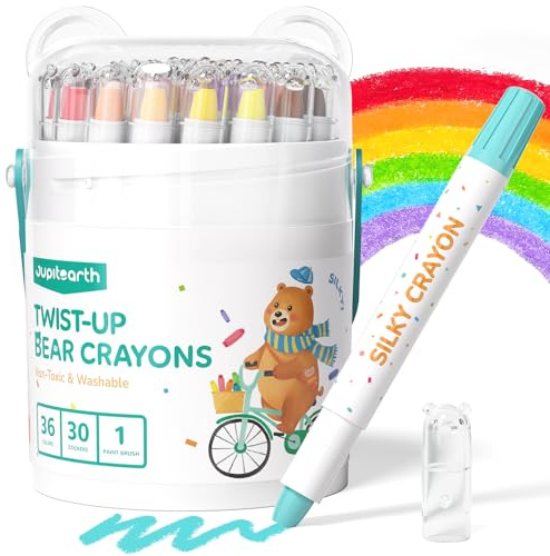 JUPITEARTH Lot de 36 crayons de couleur torsadés pour tout-petits de 1 à 3 ans et enfants de 4 à 8 ans, crayons lavables non toxiques de 2 à 4 ans, fournitures artistiques ultra soyeuses et faciles à