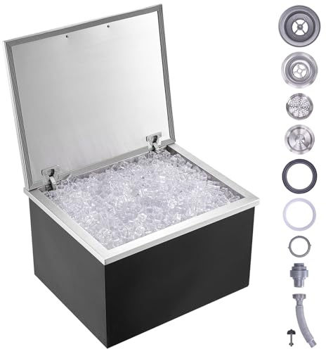Vevor Drop in Ice Chest, 70x40.6x43cm（LxBxH） Iskylare I Rostfritt Stål, Kommersiell Isbehållare med Gångjärnslock, 40qt Utomhuskök Ice Bar, Avloppsrör och Avloppsplugg Ingår, för Kall Vinöl