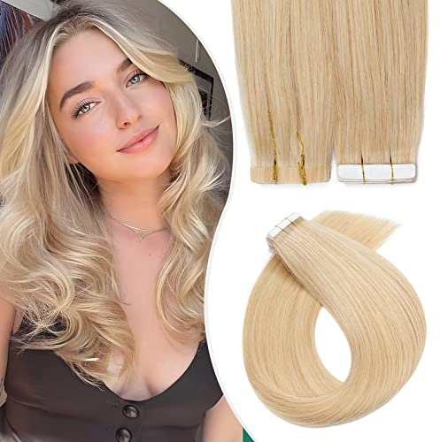 Elailite Echthaar Extensions Tape in #24 Mittelblond, 20 Stück/Packung Real Human Hair, 60cm Haarverlängerungen Haarextension Klebe Invisible 30g