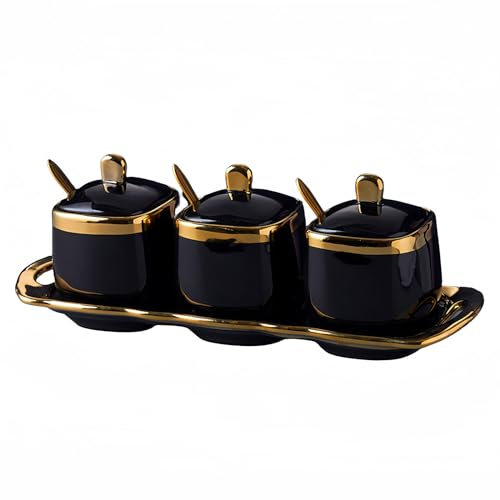 Dowbom Lot de 3 sucriers avec couvercle et cuillère, pot à sucre, pot à épices, pot à sel et assaisonnement (noir, 227 g), DB-TG-004