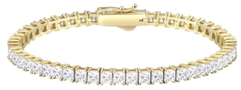KRKC&CO Tennisarmband Silber 925 für Damen, 3mm Tennis Armband Prinzessschliff 14K Gold beschichtet, Zirkonia Kristall Armband Iced Out, Geburtstag Geschenk für Frauen Mädchen [Größe 16,5cm]