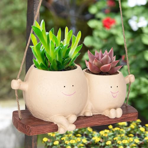 RAINBEAN Swing Face Pflanzgefäß Topf hängende Harz Blumenkopf Pflanzgefäße für Innen- und Außenpflanzen, niedliche Sukkulententöpfe für Perlenkettenpflanze, Muttertag und zu Weihnachten
