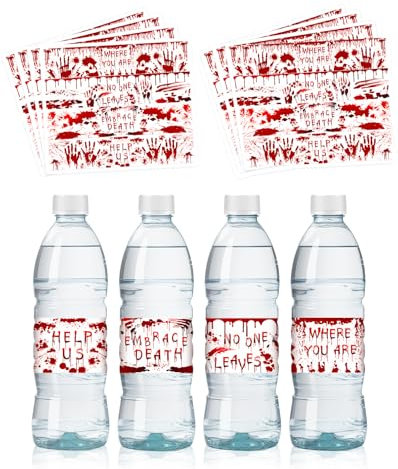Liobelon 48 Stück Halloween-Wasserflaschen-Etiketten, blutiger Handabdruck, Champagner, Limonade, Flaschenaufkleber, personalisierte Blut-Terror-Dekor-Aufkleber, Weinflaschen-Etikett für