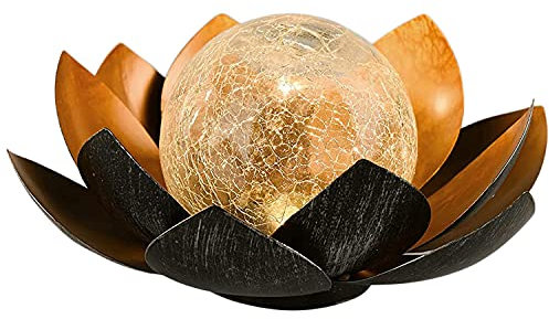 Générique Lampe solaire à LED en forme de lotus en verre craquelé - Lampe décorative d'extérieur pour jardin - Lanterne solaire en métal - Lampe de table d'extérieur à LED - Nénuphar (orange)