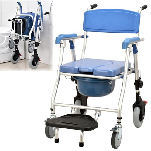 Generico Sedia Comoda WC per Anziani, Sedia Doccia disabili, Bagno Sedia Pieghevole con Schienale, Sedia da Toilette con rotelle, Portata 150 kg