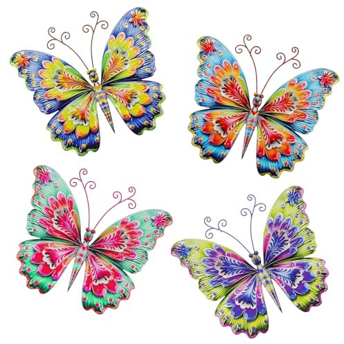 YiYa 4 PCS Metal Butterfly Garden Decorations Metal Butterfly Wall Decorations Metal Butterfly Wall Art for Garden Courtyard Fence Livingroom Bedroom Decoration
