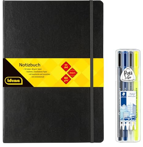 Idena 90342 - Notizbuch DIN A4 mit 192 Seiten, liniert, inkl. STAEDTLER Triplus Mobile Office Set mit Fineliner, Kugelschreiber, Druckbleistift und Textmarker
