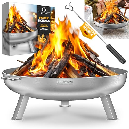 KESSER® Brasero en Acier Allié de 2,5 mm d'Épaisseur - Diamètre : 80 cm - Brasero + Crochet en Fonte de 42 cm - Évacuation d'Eau et 2 Poignées Solides - Pour Feu de Bois ou Charbon