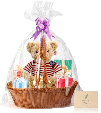 Boensi Gift Baskets Empty with Handle,38x28x12cm Gift Basket Kit with 1 x Hamper Basket, 4 x Bows, 1 x Cellophane Bags and 1 x Greeting Card for Christmas, Birthday, Wedding, Easter Gift,Graduations