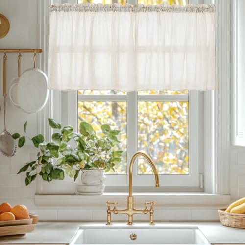 HiSnug Curtain Scheibengardinen Küche Natur Leinen Bistrogardine für Balkontür Wohnwagen Landhausstil Bauernhaus Gardinen Kurz Halbtransparente Küchengardinen H60 x B65 cm - 2 Stück