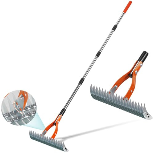 Thatch Rake for Lawns, Yofidra 15 Heavy Duty Metal Dethatcher Rake with 5FT Handle, 70’’ Adjustable Manual Thatcher with 19-Tine for Lawn Loosening Soil, Yard and Removing Dead Grass