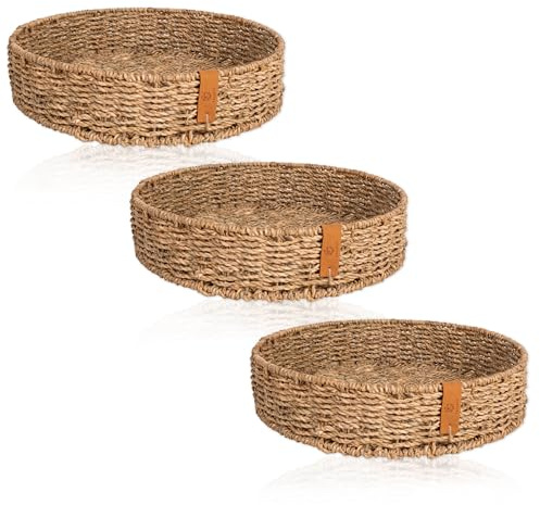 FRIHET rundes Tablett aus geflochtenem Seegras | leichtes Serviertablett mit stabilem Metalluntergestell im Boho Style | Scandi Deko | Obstschale klein und groß - auch im Set (3er Set (28cm))