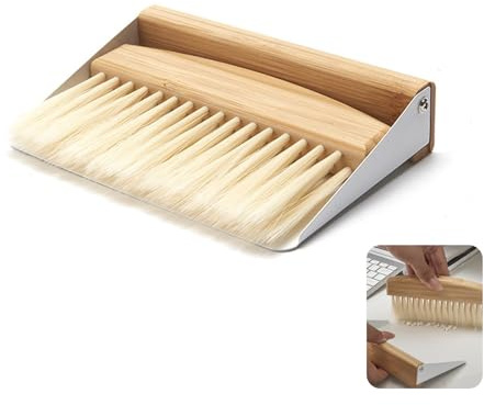 Small Dustpan and Brush Set, Brush and Pan Set, Mini Portable Dustpan and brush, Wooden Table Brushes and Metal Dust Pan for Cleaning Tabletops and Countertops (White 15.4 x 10.6 x 4 cm)
