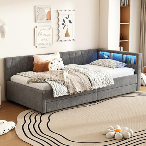 Merax Schlafsofa Tagesbett 90x200 cm mit Zwei Schubladen, LED-Lichtstreifen, USB+Type-C, Ablagefach am Bett, Bettrahmen mit Lattenrost (ohne Matratze), Leinen, Grau