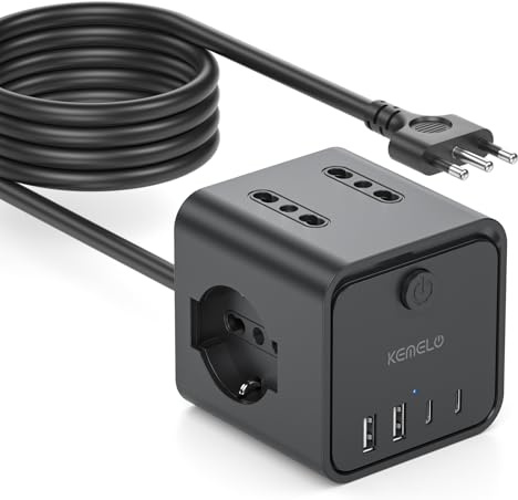Ciabatta Elettrica Multipresa con 4 Prese Universali 10/16A ITA e Schuko,3 M Prolunga Elettrica con 2 USB A+2 USB C,Presa Multipla Spina Piatta Salvaspazio con Interruttori per Casa, Ufficio Nero