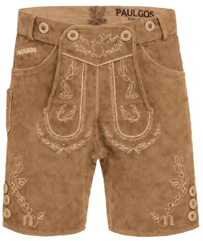PAULGOS Herren Trachten Lederhose HK1 + Träger, Echtes Leder, Größe 48, Hellbraun