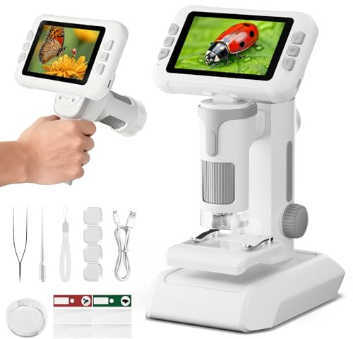 HEWEIMEI 1600X Microscopio para Niños, 4.0 Pantalla Microscopio Digital con Kit de Portaobjetos y 6 Luces LED, Juguetes Ciencias Educativas, Niños Alumnos de 3 a 12 Años (Gris)