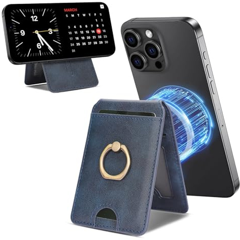 YNlinuofg Ultra-thin magnetic card holder with a rotating stand (Blue) | 5-card slot design, premium PU leather, flexible ring, multiple stand modes, the perfect companion for your phone case