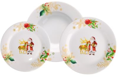 Omniacasa Papá con reno – Vajilla de 18 piezas de porcelana brillante para 6 personas – Diseño navideño clásico – Lavavajillas y microondas – Idea regalo caja con marca