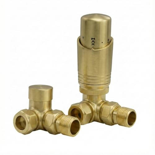 LavaTherm Thermostatic Radiator Valve TRV – 15 mm Corner – Energy Saving Central Heating Radiator Valve – Premium Brass Replacement TRV and Lockshield – Brushed Brass
