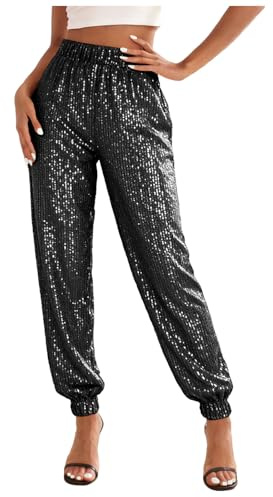 Glitzer Hose Damen Pailletten Hose Elegant 70er Jahre Outfit Karneval Faschingskostüme Glitzerhose mit Elastischer Gürtel Pailettenhose Disco Hosen Festliches Party Glänzende Freizeithose (M)