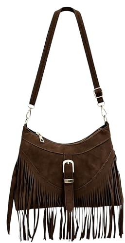 FOSDICK Women's Hobos & Shoulder Bags Fringe Brown Cross Body Bags for Women Vintage Suede Ladies Crossbody Bag Tassel Brown Handbag with Long Adjustable Strap Sling Bag for Travel Outing Go Shopping