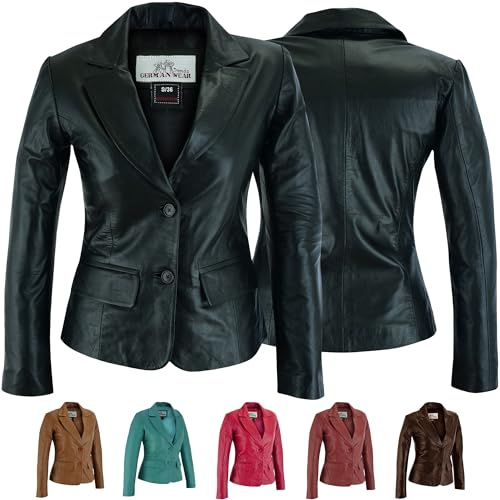 German Wear Damen Lederblazer Lederjacke Blazer Echtleder Jacke aus Lammnappa Leder Schwarz, Größe:M